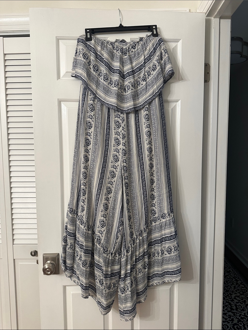 Strapless Boho bell wide leg  jumpsuit in Navy and White